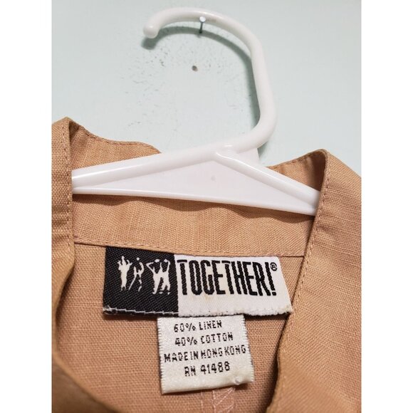 Together! Womens 4 Asian Blouse Linen Blend Tan Open Work Mandarin Knot Floral - Picture 5 of 6